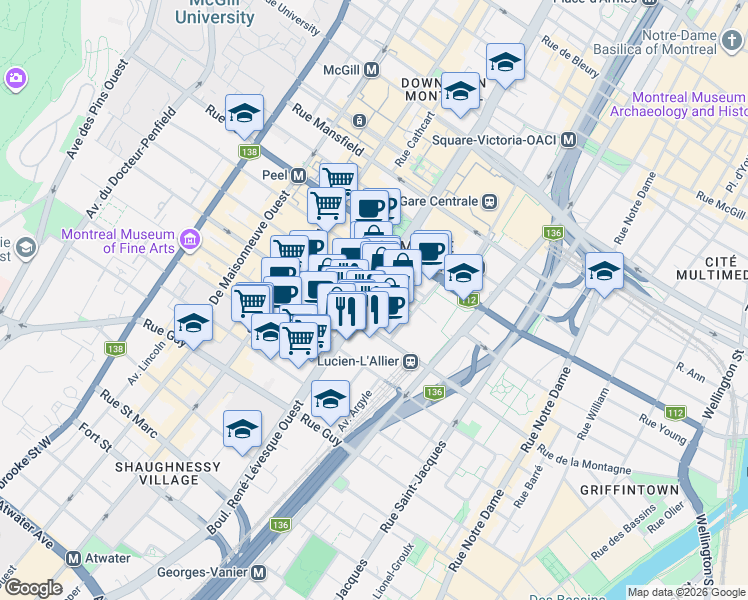 map of restaurants, bars, coffee shops, grocery stores, and more near 1050 Rue Drummond in Montrã©Al