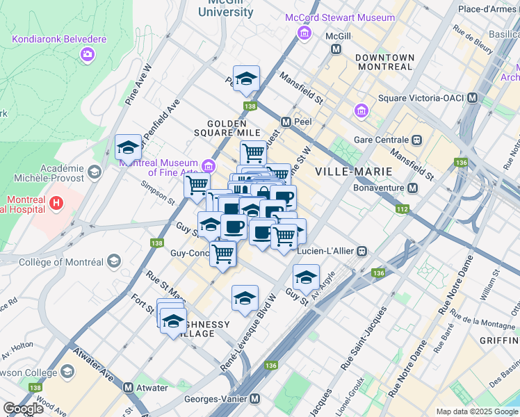 map of restaurants, bars, coffee shops, grocery stores, and more near 1414 Rue Crescent in Montréal