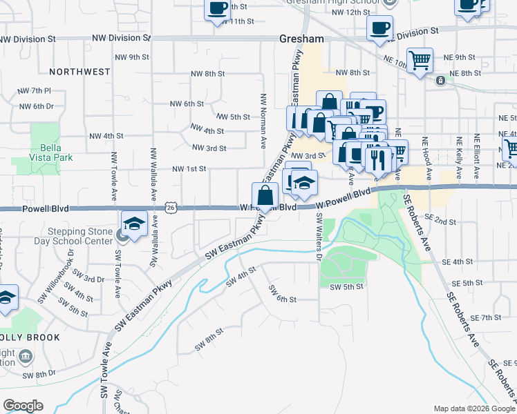 map of restaurants, bars, coffee shops, grocery stores, and more near West Powell Boulevard & Northwest Eastman Parkway in Gresham