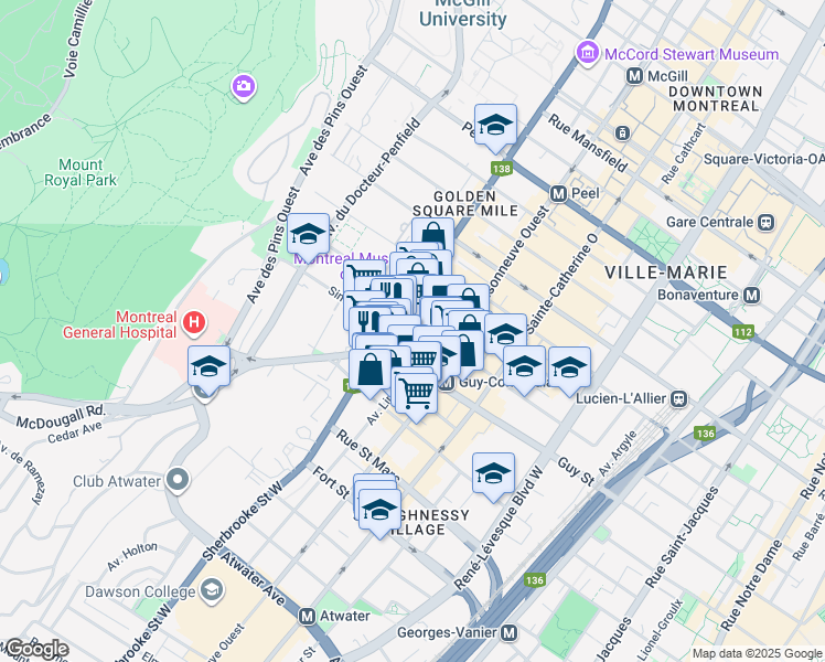 map of restaurants, bars, coffee shops, grocery stores, and more near 2150 Mackay Street in Montreal