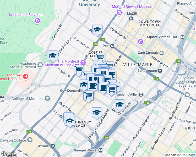map of restaurants, bars, coffee shops, grocery stores, and more near 1415 Rue Bishop in Montréal