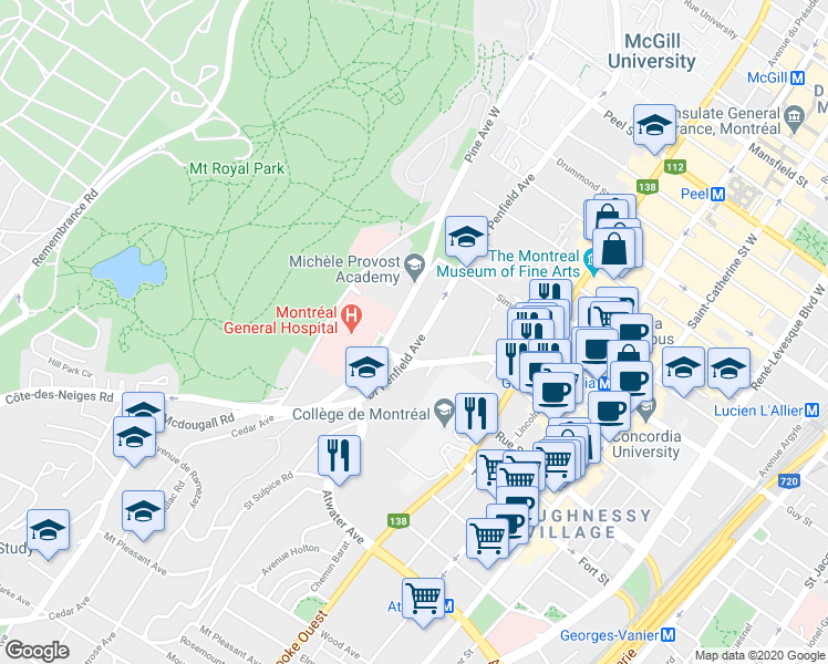 map of restaurants, bars, coffee shops, grocery stores, and more near in Montreal