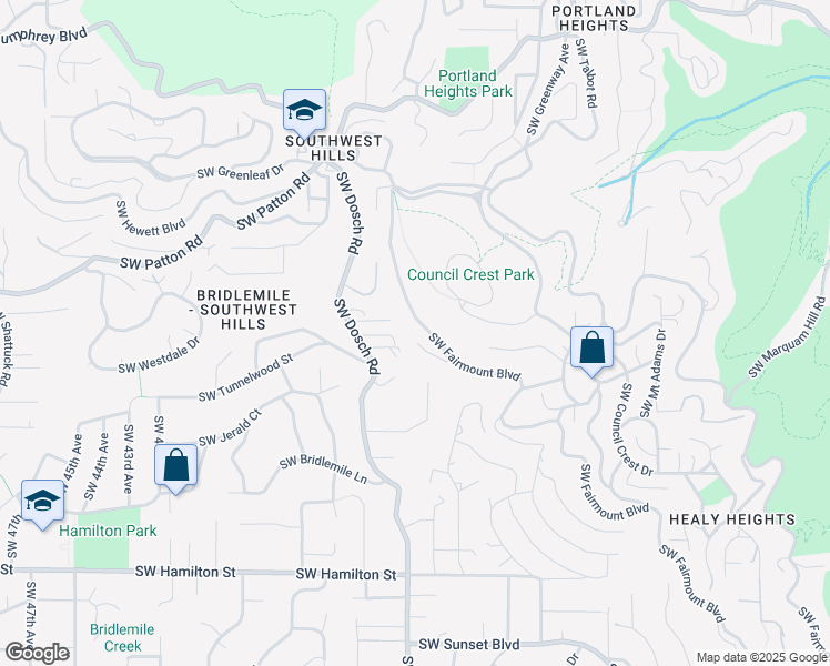 map of restaurants, bars, coffee shops, grocery stores, and more near 3352 Southwest Fairmount Lane in Portland