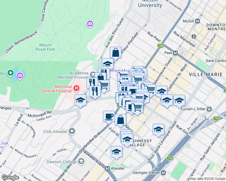 map of restaurants, bars, coffee shops, grocery stores, and more near 1540 Avenue Summerhill in Montrã©Al