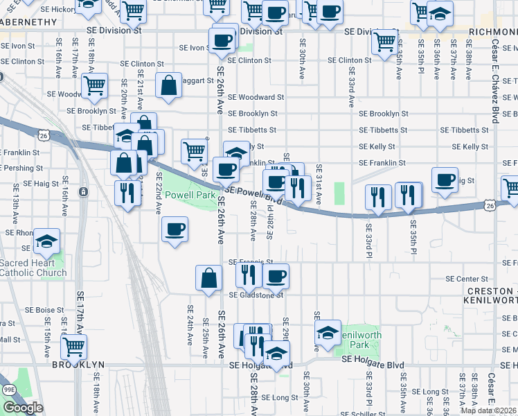 map of restaurants, bars, coffee shops, grocery stores, and more near 3645 Southeast 28th Place in Portland