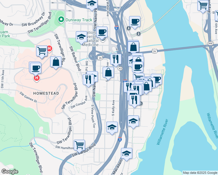 map of restaurants, bars, coffee shops, grocery stores, and more near 3540 South Corbett Avenue in Portland