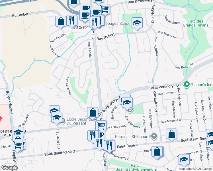 map of restaurants, bars, coffee shops, grocery stores, and more near 47 Rue du Coteau in Gatineau