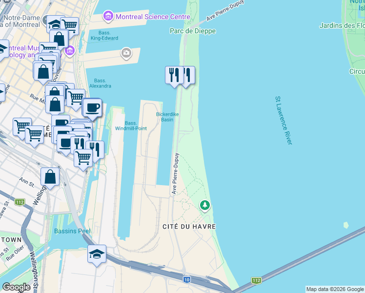 map of restaurants, bars, coffee shops, grocery stores, and more near 2500 Avenue Pierre-Dupuy in Montreal