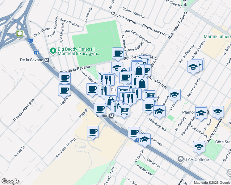 map of restaurants, bars, coffee shops, grocery stores, and more near 5150 Rue Buchan in Montrã©Al