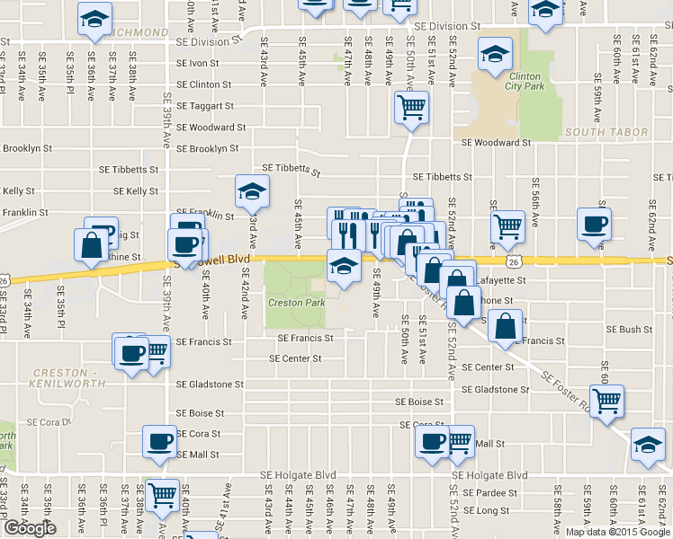 map of restaurants, bars, coffee shops, grocery stores, and more near 4620 Southeast Powell Boulevard in Portland