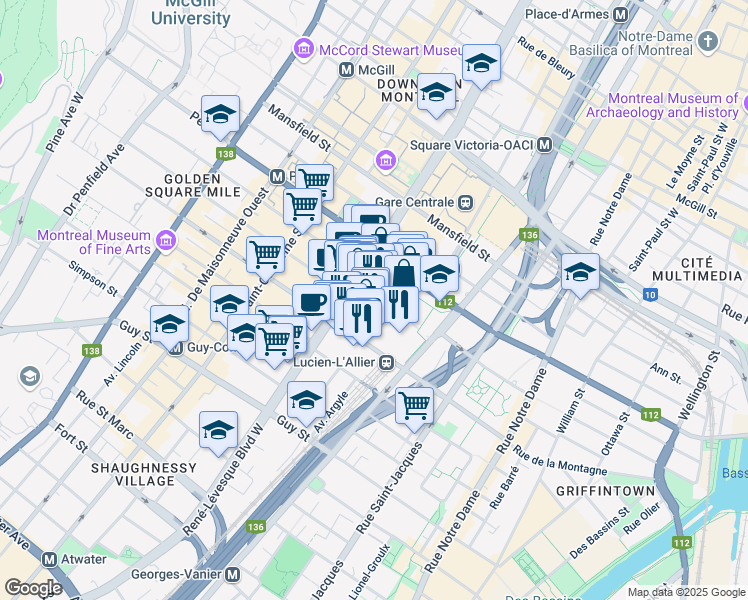 map of restaurants, bars, coffee shops, grocery stores, and more near 1080 Rue Drummond in Montréal