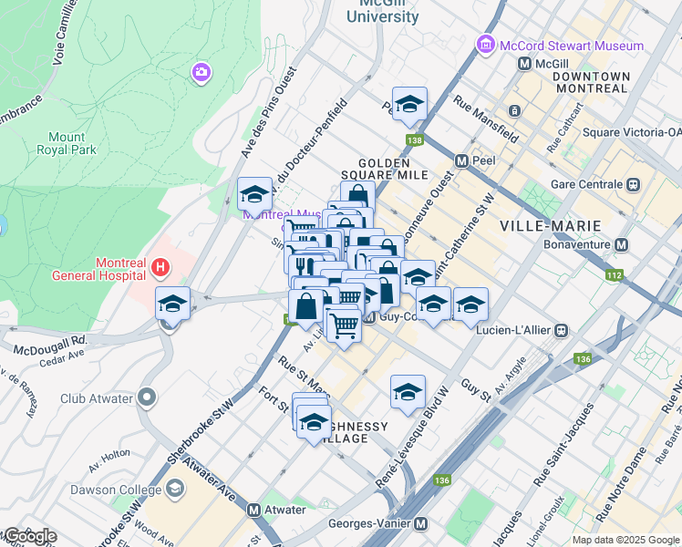 map of restaurants, bars, coffee shops, grocery stores, and more near 2152 Rue Mackay in Montréal