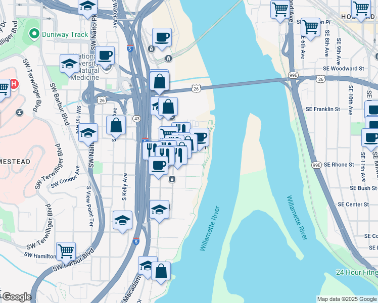 map of restaurants, bars, coffee shops, grocery stores, and more near 836 Southwest Curry Street in Portland