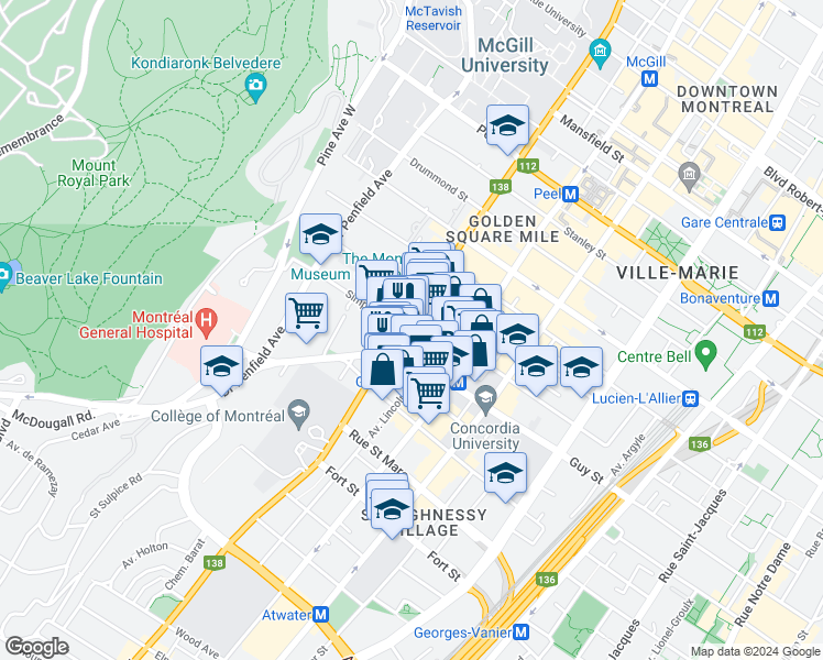 map of restaurants, bars, coffee shops, grocery stores, and more near 1490 Rue Sherbrooke Ouest in Montréal