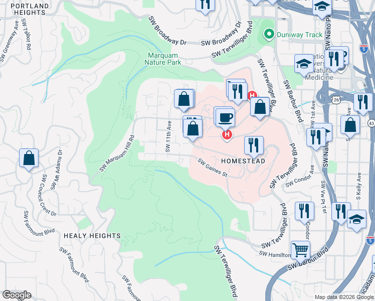 map of restaurants, bars, coffee shops, grocery stores, and more near 909 Southwest Gaines Street in Portland