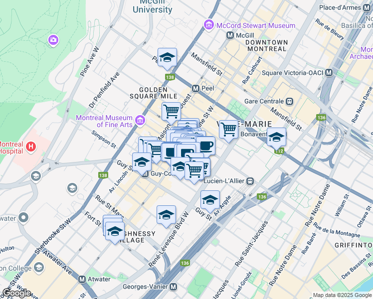 map of restaurants, bars, coffee shops, grocery stores, and more near 1228 Rue de la Montagne in Montréal