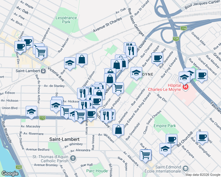 map of restaurants, bars, coffee shops, grocery stores, and more near 84 Rue Saint-Louis in Longueuil