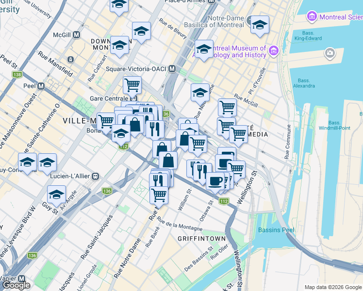 map of restaurants, bars, coffee shops, grocery stores, and more near 1022 Rue de l'Inspecteur in Montreal