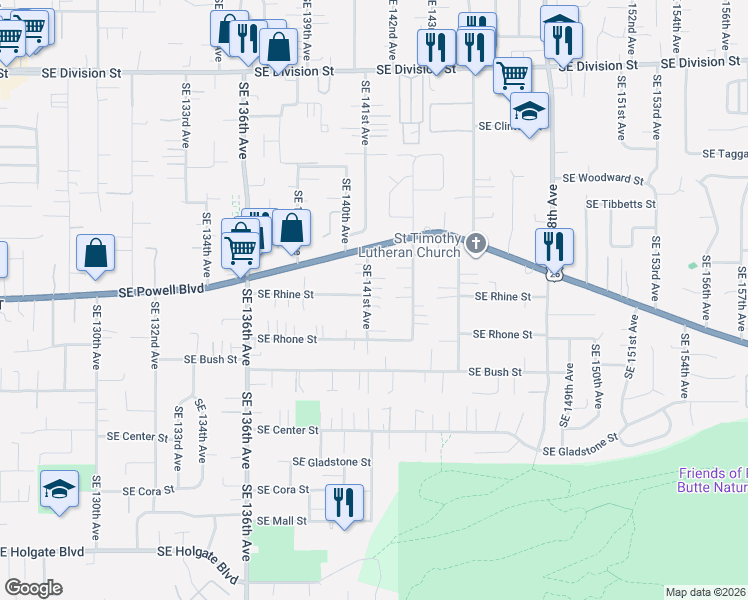 map of restaurants, bars, coffee shops, grocery stores, and more near 3605 Southeast 141st Avenue in Portland