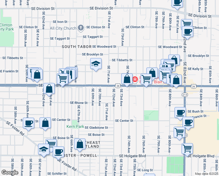 map of restaurants, bars, coffee shops, grocery stores, and more near 7027 Southeast Lafayette Street in Portland