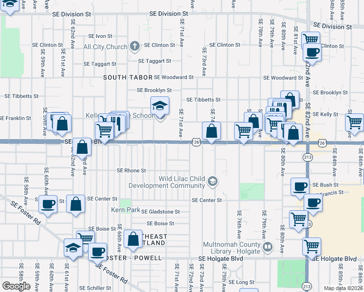 map of restaurants, bars, coffee shops, grocery stores, and more near 7027 Southeast Lafayette Street in Portland