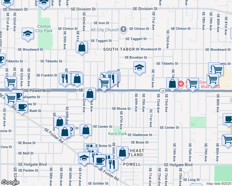 map of restaurants, bars, coffee shops, grocery stores, and more near 3600 Southeast 66th Avenue in Portland