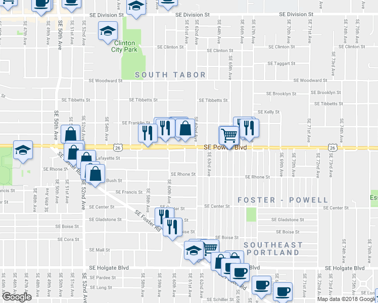 map of restaurants, bars, coffee shops, grocery stores, and more near 3603 Southeast 62nd Avenue in Portland