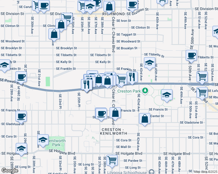 map of restaurants, bars, coffee shops, grocery stores, and more near 3646 Southeast 38th Avenue in Portland