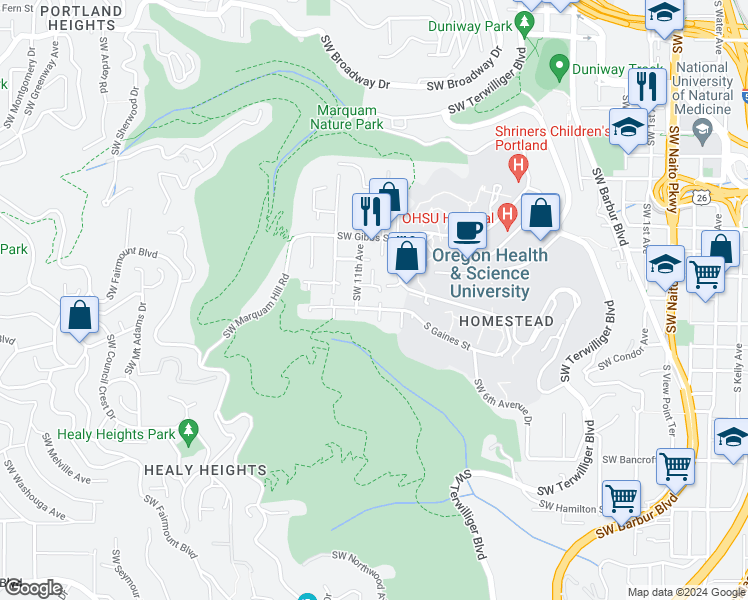 map of restaurants, bars, coffee shops, grocery stores, and more near 1044 Southwest Gaines Street in Portland