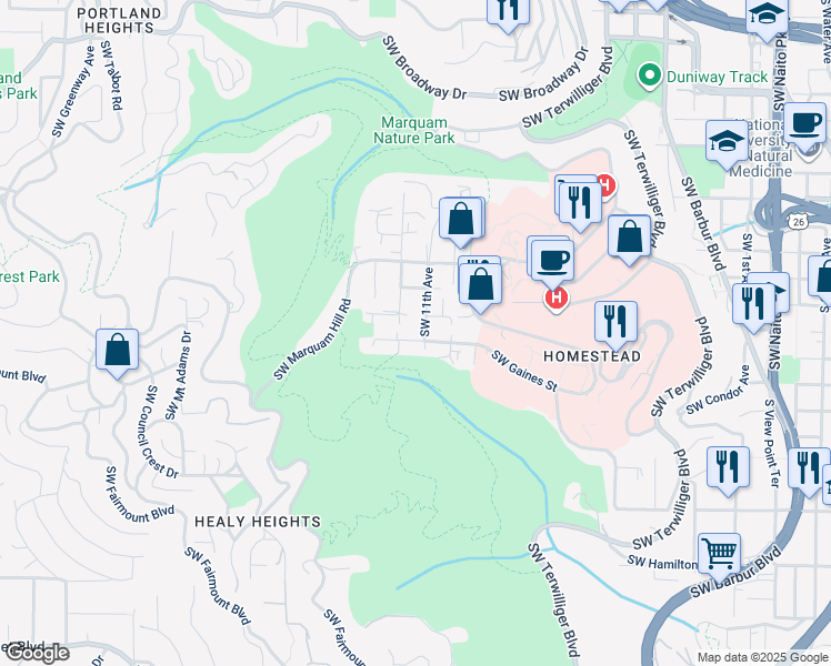 map of restaurants, bars, coffee shops, grocery stores, and more near 1044 Southwest Gaines Street in Portland