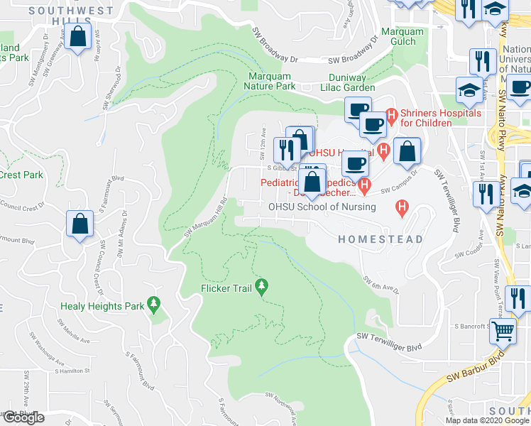 map of restaurants, bars, coffee shops, grocery stores, and more near 3719 Southwest 12th Avenue in Portland