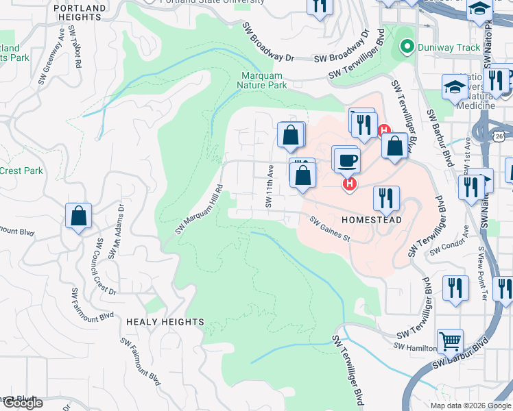 map of restaurants, bars, coffee shops, grocery stores, and more near 3719 Southwest 12th Avenue in Portland