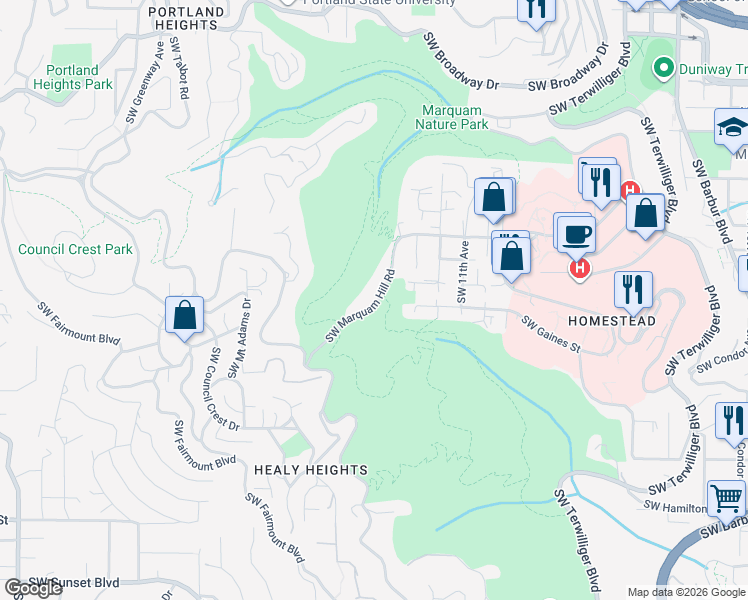 map of restaurants, bars, coffee shops, grocery stores, and more near 3706 Southwest Marquam Hill Road in Portland