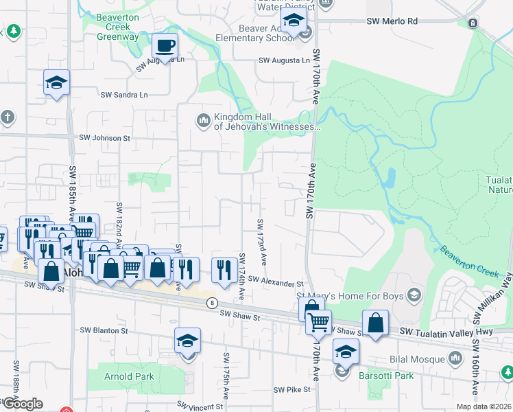 map of restaurants, bars, coffee shops, grocery stores, and more near 17321 Southwest Wakem Lane in Beaverton