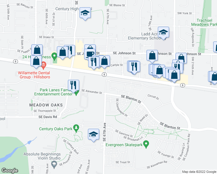 map of restaurants, bars, coffee shops, grocery stores, and more near 6802 Southeast Blanton Street in Hillsboro