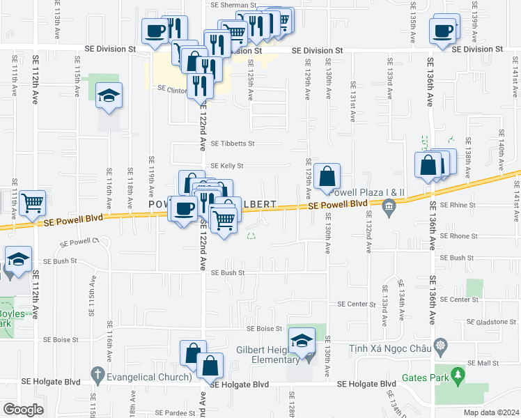 map of restaurants, bars, coffee shops, grocery stores, and more near 12530 Southeast Powell Boulevard in Portland