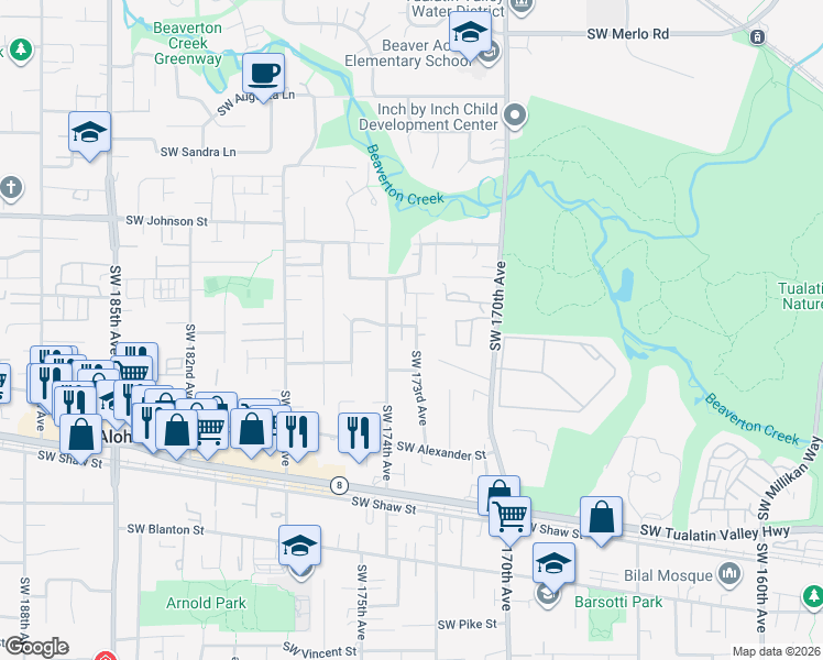 map of restaurants, bars, coffee shops, grocery stores, and more near 17321 Southwest Wakem Lane in Beaverton