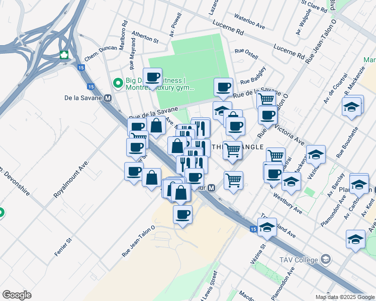 map of restaurants, bars, coffee shops, grocery stores, and more near in Montreal