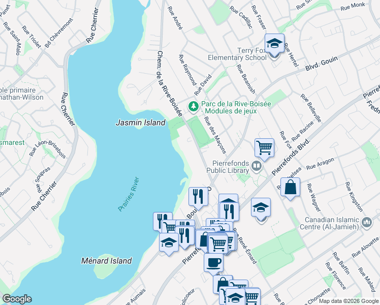 map of restaurants, bars, coffee shops, grocery stores, and more near 320 Chemin de la Rive-Boisée in Montréal