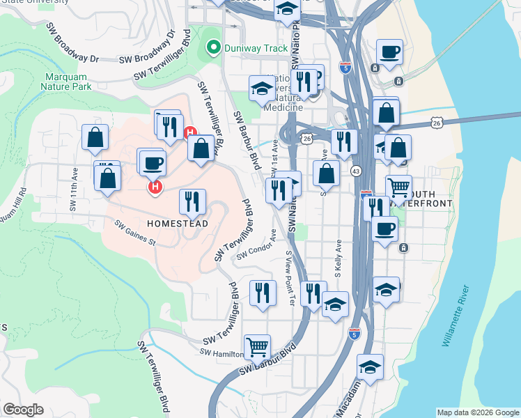 map of restaurants, bars, coffee shops, grocery stores, and more near 3515 Southwest Barbur Boulevard in Portland