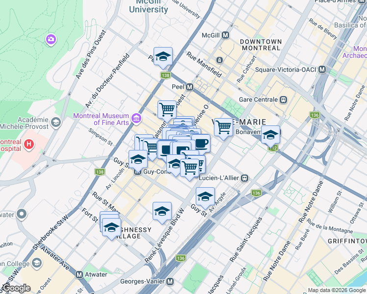 map of restaurants, bars, coffee shops, grocery stores, and more near in Montreal