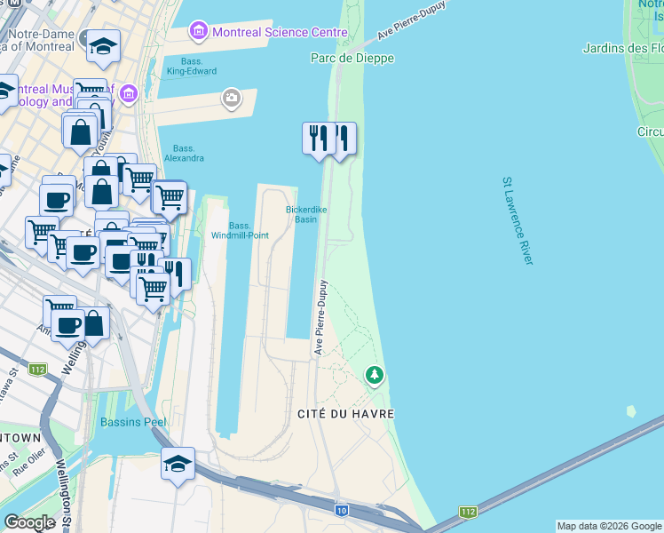 map of restaurants, bars, coffee shops, grocery stores, and more near 2500 Avenue Pierre-Dupuy in Montreal