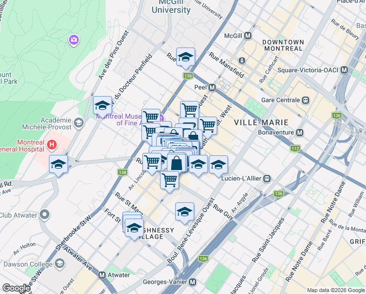 map of restaurants, bars, coffee shops, grocery stores, and more near 1433 Rue Bishop in Montréal