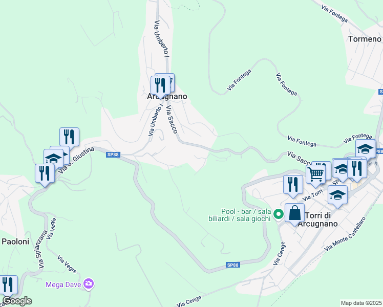 map of restaurants, bars, coffee shops, grocery stores, and more near Villa Michelangelo in Torri di Arcugnano