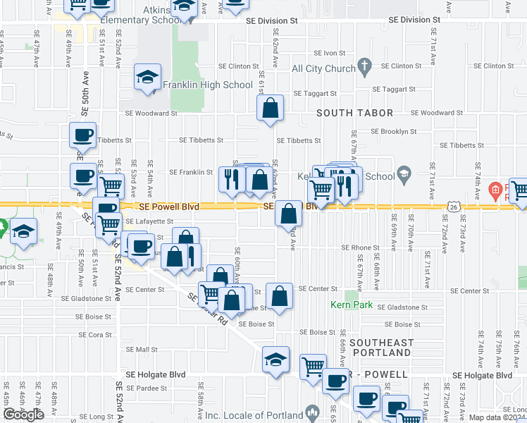 map of restaurants, bars, coffee shops, grocery stores, and more near 3510-3516 Southeast 61st Avenue in Portland