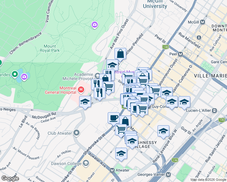 map of restaurants, bars, coffee shops, grocery stores, and more near 1540 Avenue Summerhill in Montréal