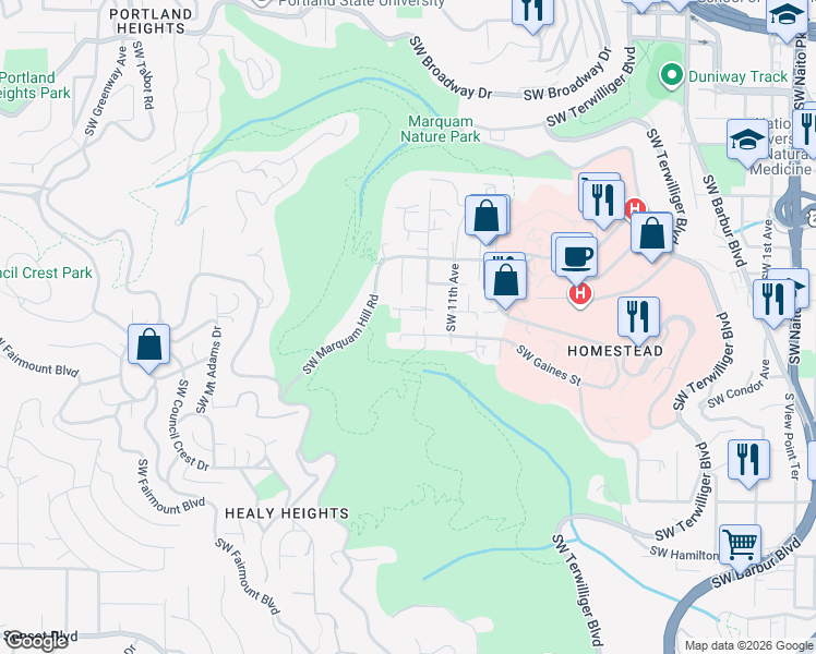 map of restaurants, bars, coffee shops, grocery stores, and more near 1227 Southwest Gaines Street in Portland