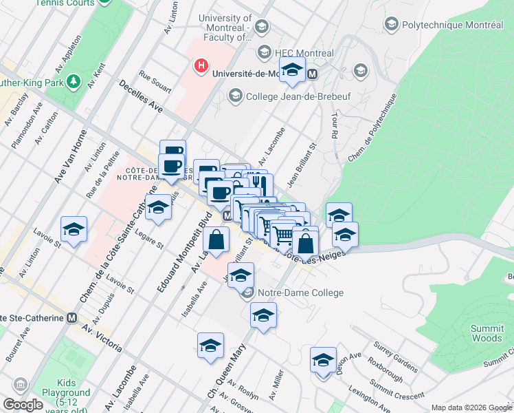 map of restaurants, bars, coffee shops, grocery stores, and more near 5331 Avenue Gatineau in Montréal