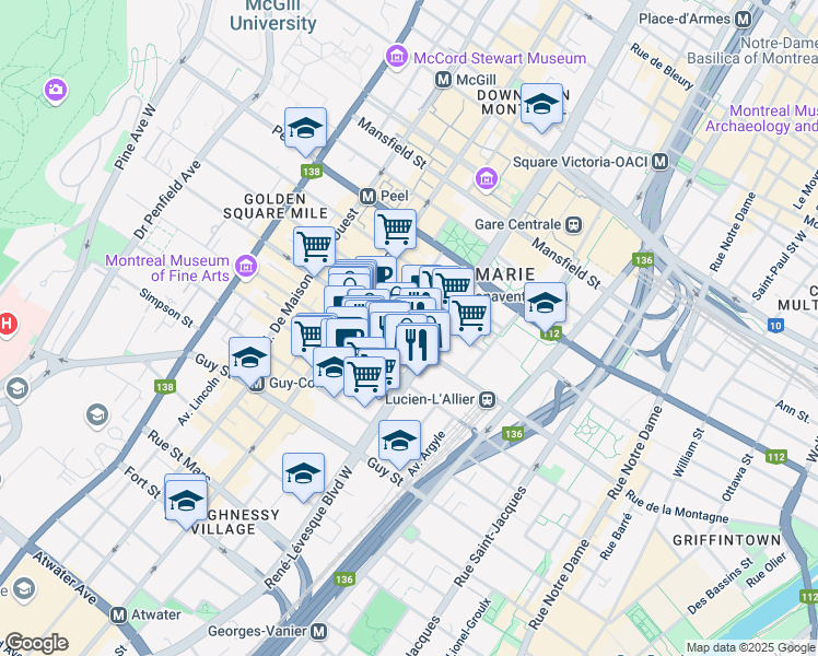 map of restaurants, bars, coffee shops, grocery stores, and more near 1368 Boulevard René-Lévesque Ouest in Montréal