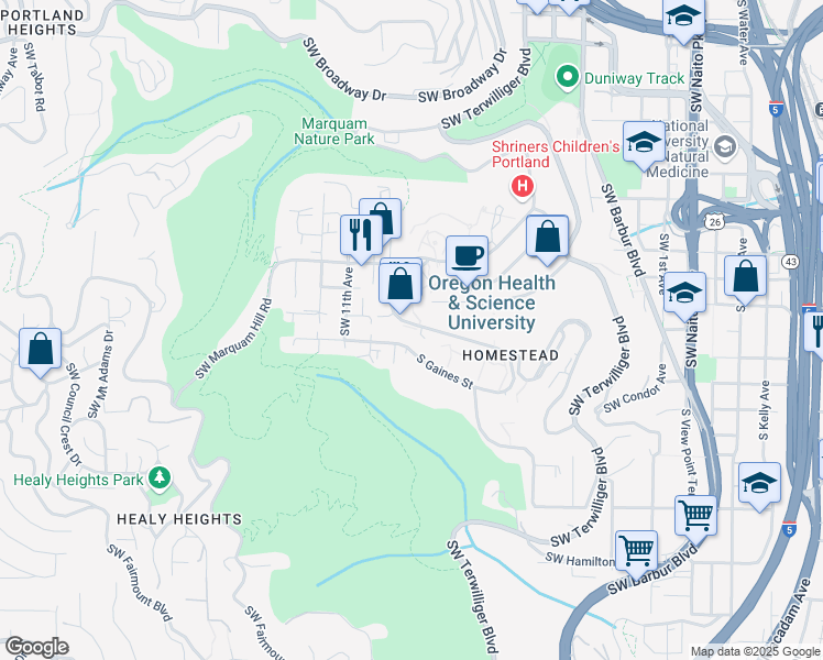 map of restaurants, bars, coffee shops, grocery stores, and more near 3455 Southwest US Veterans Hospital Road in Portland